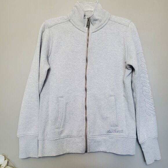 Carhartt Sweatshirt Womens Size Small 4/6 Gray Logo Spellout Full Zip Mock Neck - Picture 1 of 12